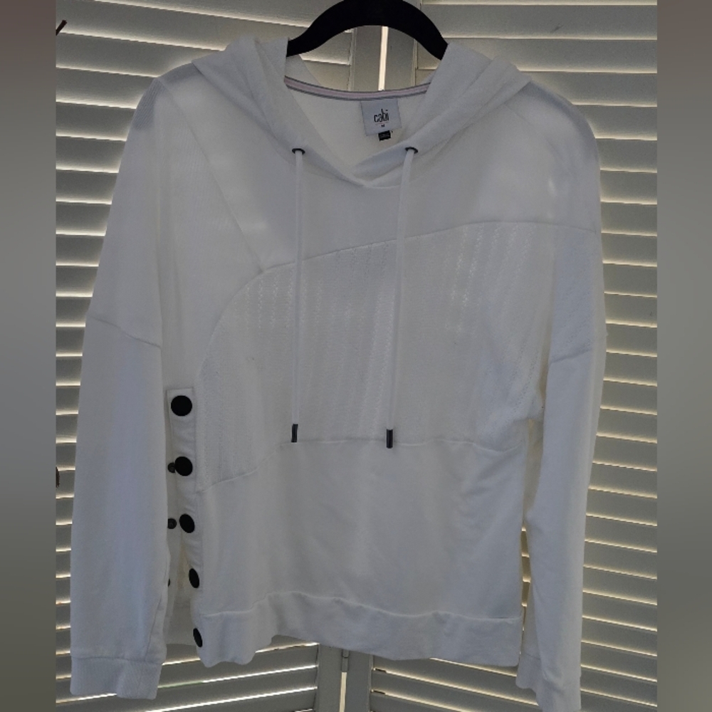 CAbi White Hooded Pullover with Side Button Accents